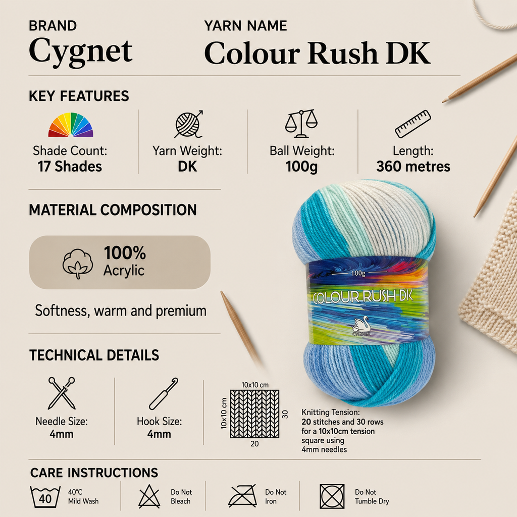 Cygnet Colour Rush DK Crochet Yarn - 100g, 100% Acrylic Self-Striping Double Knitting Multicolour Yarn for Clothing & Home Accessories