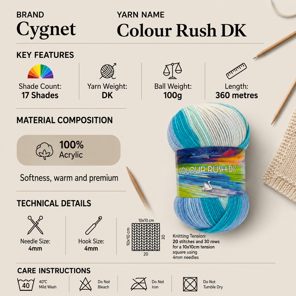 Cygnet Colour Rush DK Crochet Yarn - 100g, 100% Acrylic Self-Striping Double Knitting Multicolour Yarn for Clothing & Home Accessories