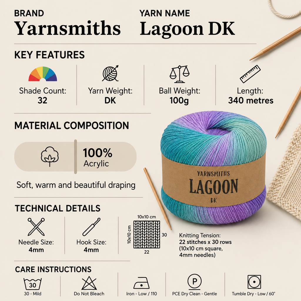 Yarnsmiths Lagoon DK Yarn for Crochet - 100g, 100% Acrylic Single-Ply Roving Self-Striping Variegated Soft Double Knitting Wool for Cosy Shawls & Cardigans