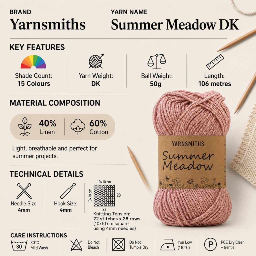Yarnsmiths Summer Meadow DK Yarn - 50g, Linen Cotton Blend Soft Lightweight Double Knitting Crochet Yarn for Lace Shawls & Cardigans