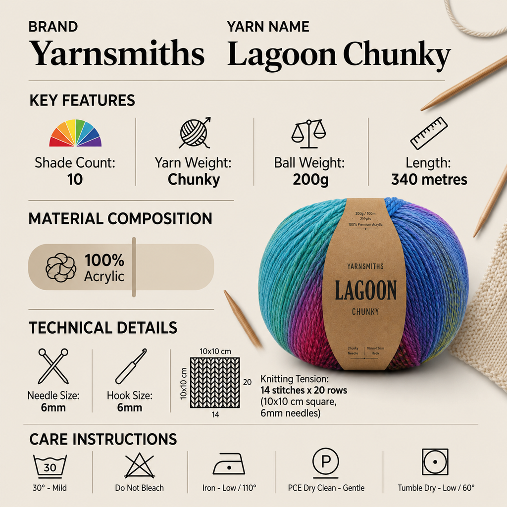 Yarnsmiths Lagoon Chunky Yarn - 200g, 100% Acrylic Soft Bulky Single Ply Roving Crochet & Knitting Yarn in Variegated Colours for Cosy Sweaters & Cardigans