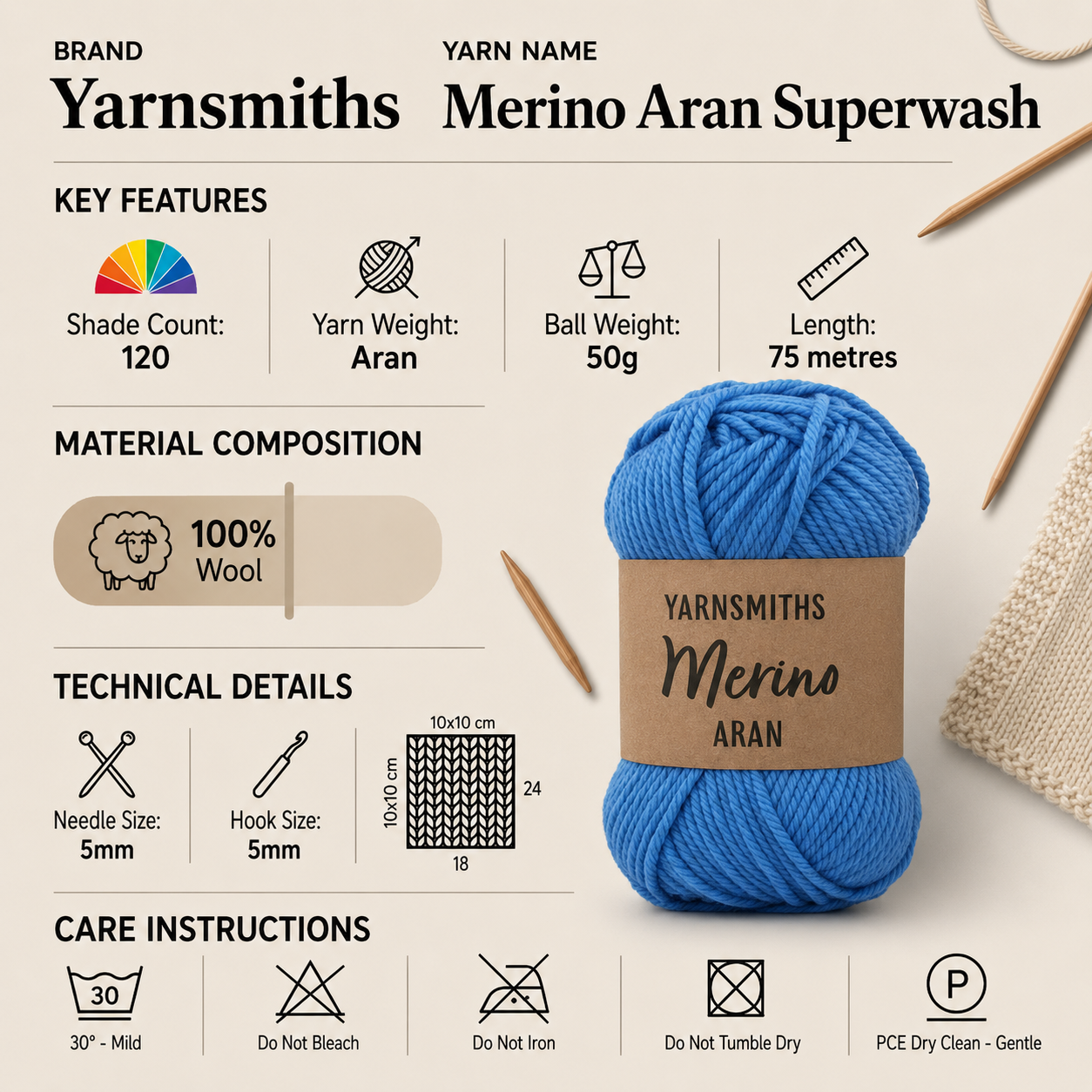 Yarnsmiths Merino Aran Superwash Aran Yarn - 50g, Luxury 100% Merino Wool Squishy Worsted Hypoallergenic Crochet & Knitting Wool Yarn for Baby Blankets & Garments