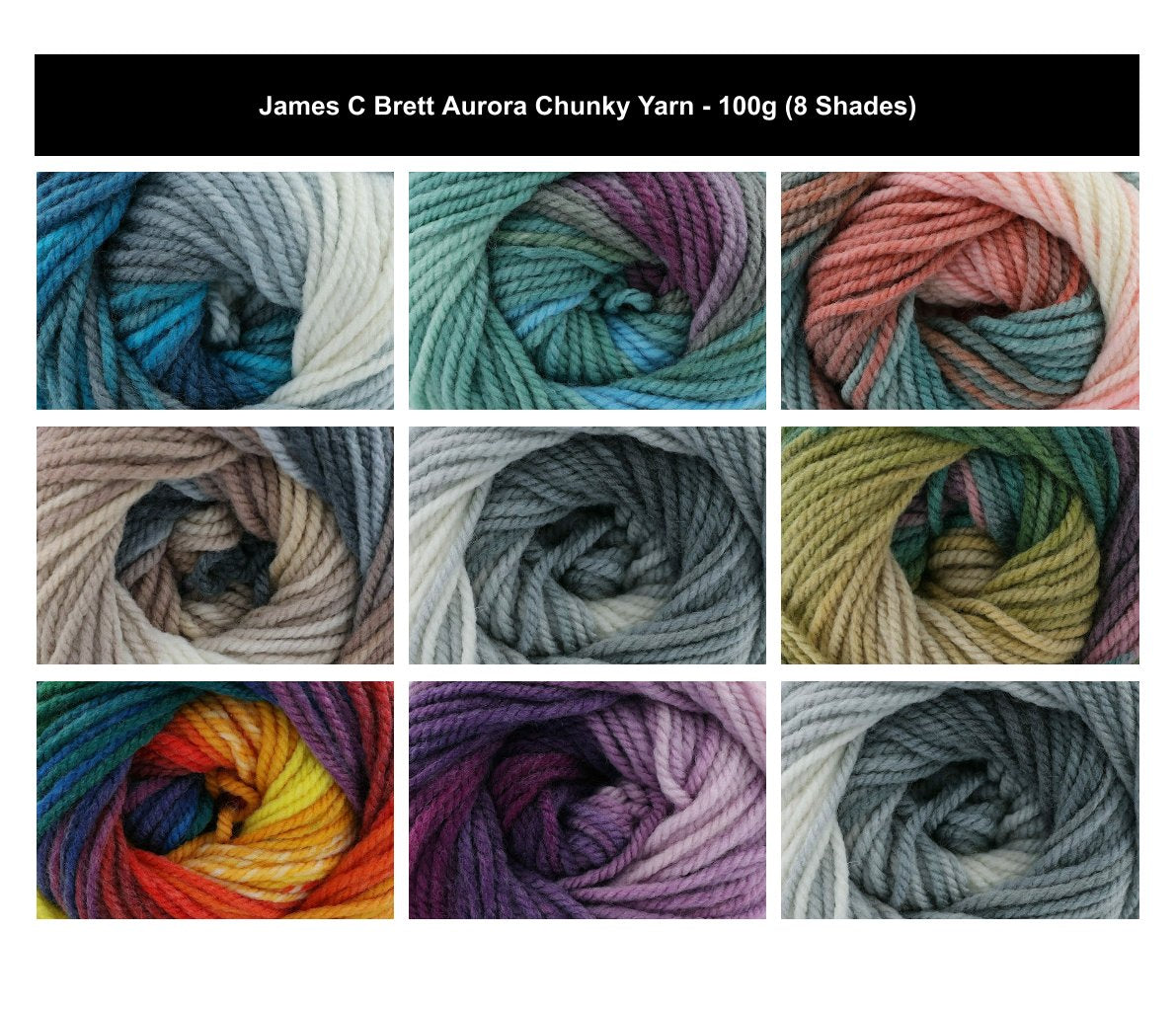 James C Brett Aurora Chunky Crochet Yarn - 100g, Acrylic & Wool Blend Self-Striping Knitting Wool for Blankets & Winter Garments