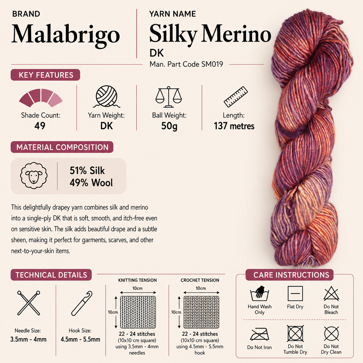 Malabrigo Silky Merino DK Crochet Yarn - 50g, Silk Merino Wool Blend Single Ply Variegated Double Knitting Yarn Hand Kettle Dyed for Garments, Scarves & Shawls