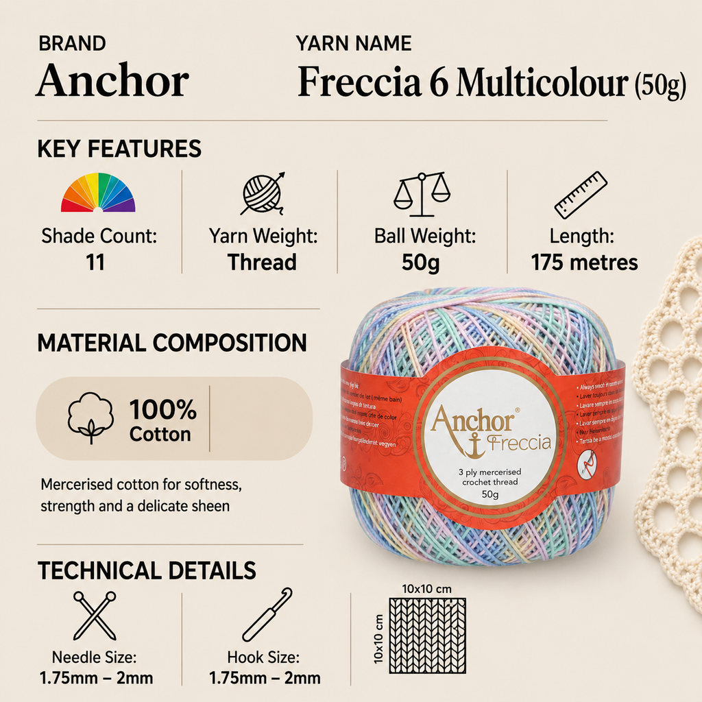 Anchor Freccia 6 Multicolour 3 Ply Crochet Thread Yarn - 50g, 100% Mercerised Cotton Fine Lace Weight Yarn for Knitting, Home Décor & Baby Garments