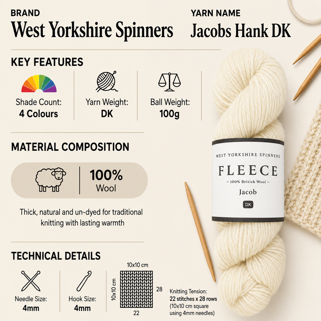 West Yorkshire Spinners Jacobs Hank DK Yarn - 100g, Luxury 100% British Wool Rustic Undyed Soft Double Knitting Crochet Yarn for Blankets, Cardigans & Sweaters