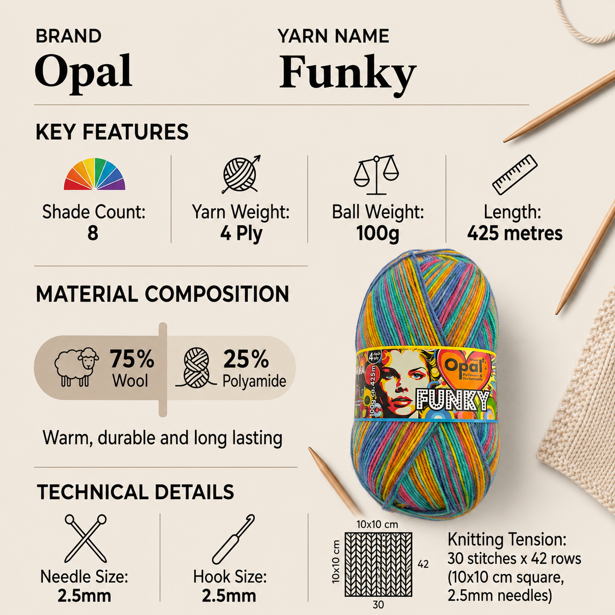 Opal FunkyMan 4 Ply Yarn - 100g, Wool Polyamide Blend lightweight Self-Patterning Knitting Wool Yarn for Crochet Socks & Accessories