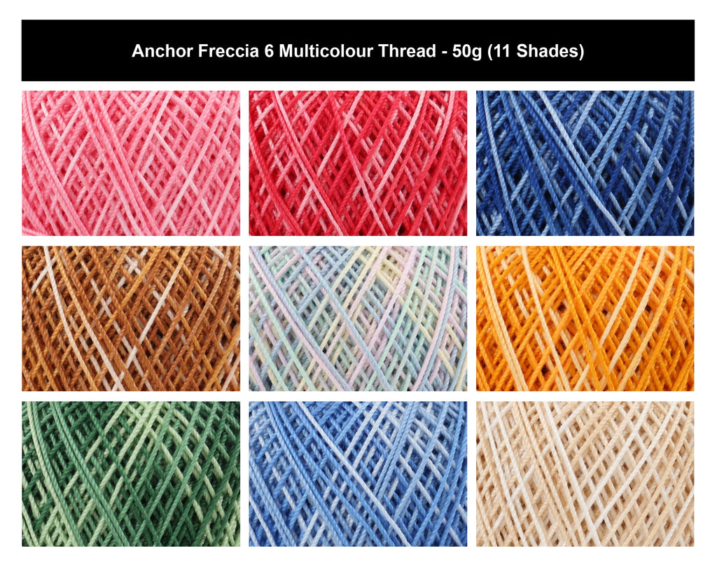 Anchor Freccia 6 Multicolour 3 Ply Crochet Thread Yarn - 50g, 100% Mercerised Cotton Fine Lace Weight Yarn for Knitting, Home Décor & Baby Garments