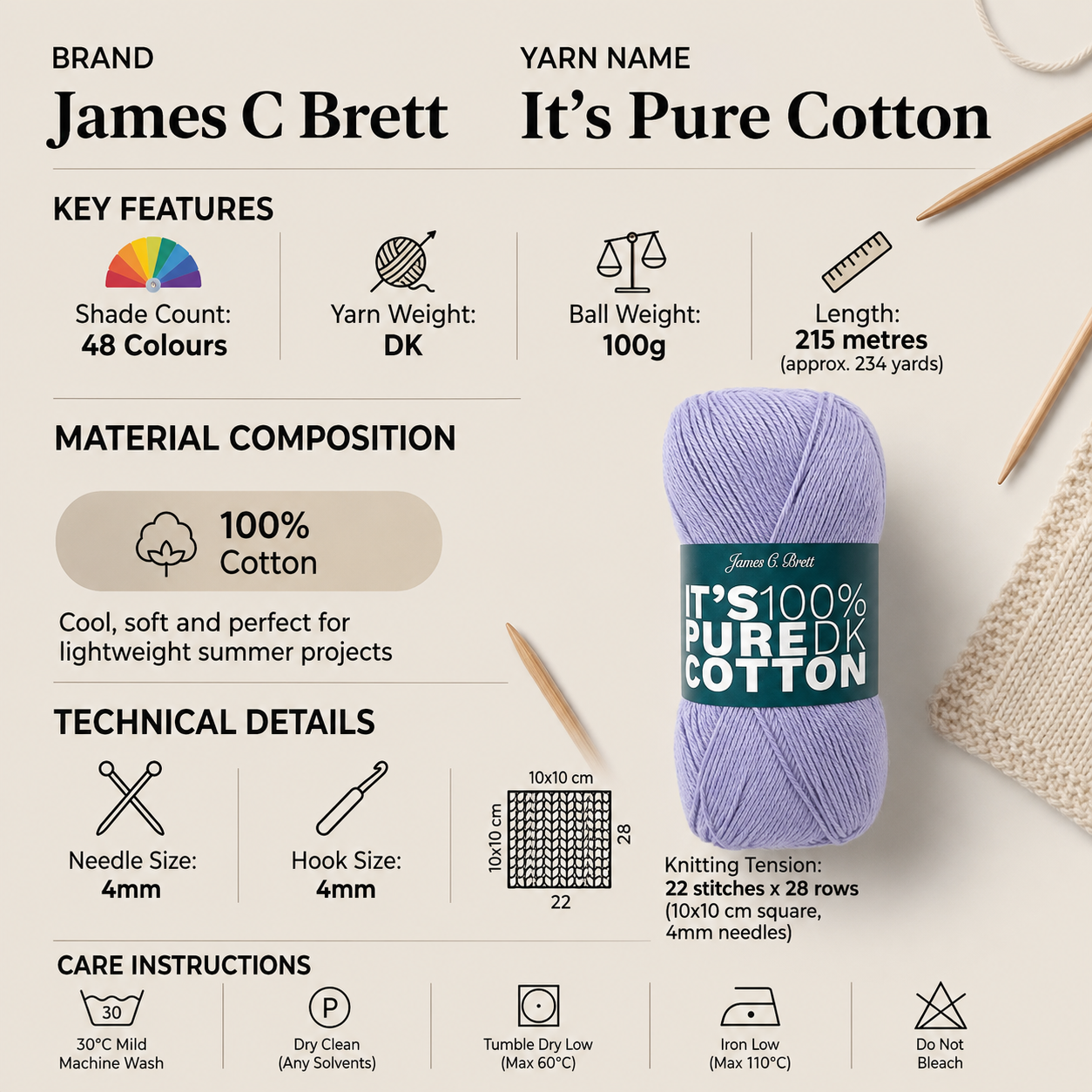 James C Brett It's Pure Cotton DK Yarn - 100g, 100% Cotton Crochet Double Knitting Wool for Summer Lightweight Jumpers, Sweaters, Cardigans & Craft Projects