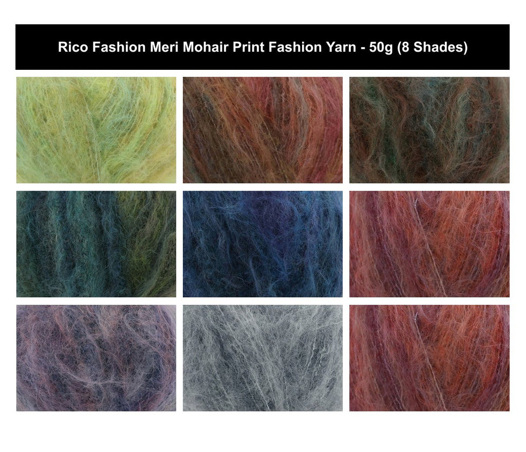 Rico Fashion Meri Mohair Print Yarn - 50G, Polyamide Wool Mohair Blend Fluffy Self Striping Crochet Knitting Wool Yarn for Luxury Sweaters, Shawls & Beanies