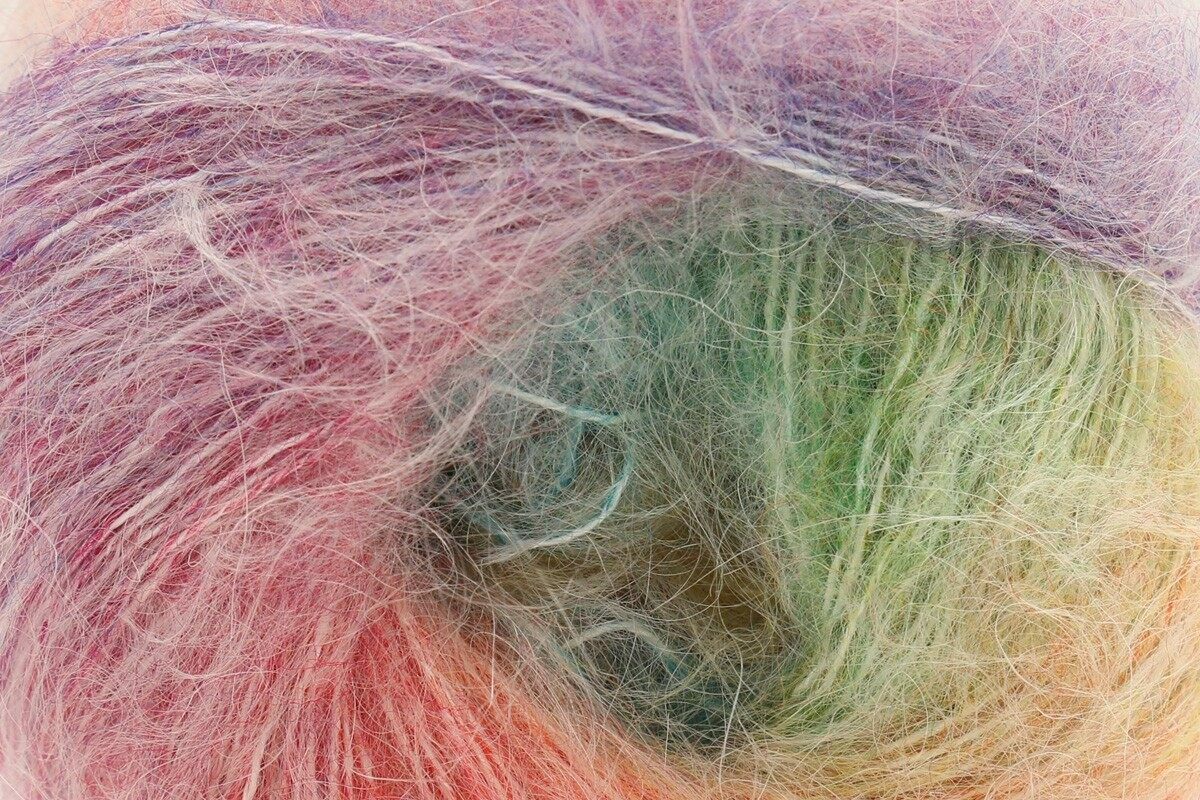 Rico Fashion Mohair Rainbows Crochet Yarn - 25G, Luxury Mohair Polyester Wool Blend Fashion Weight Self Striping Fluffy Knitting Wool Yarn for Scarves, Shawls & Shawls